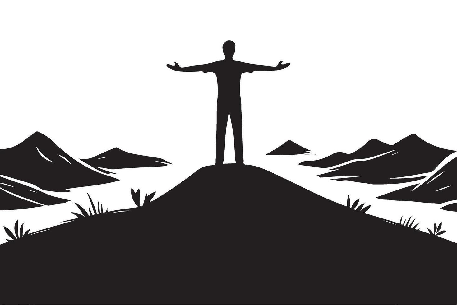 Silhouette of a Person Standing on Mountain Top Achieving Success vector