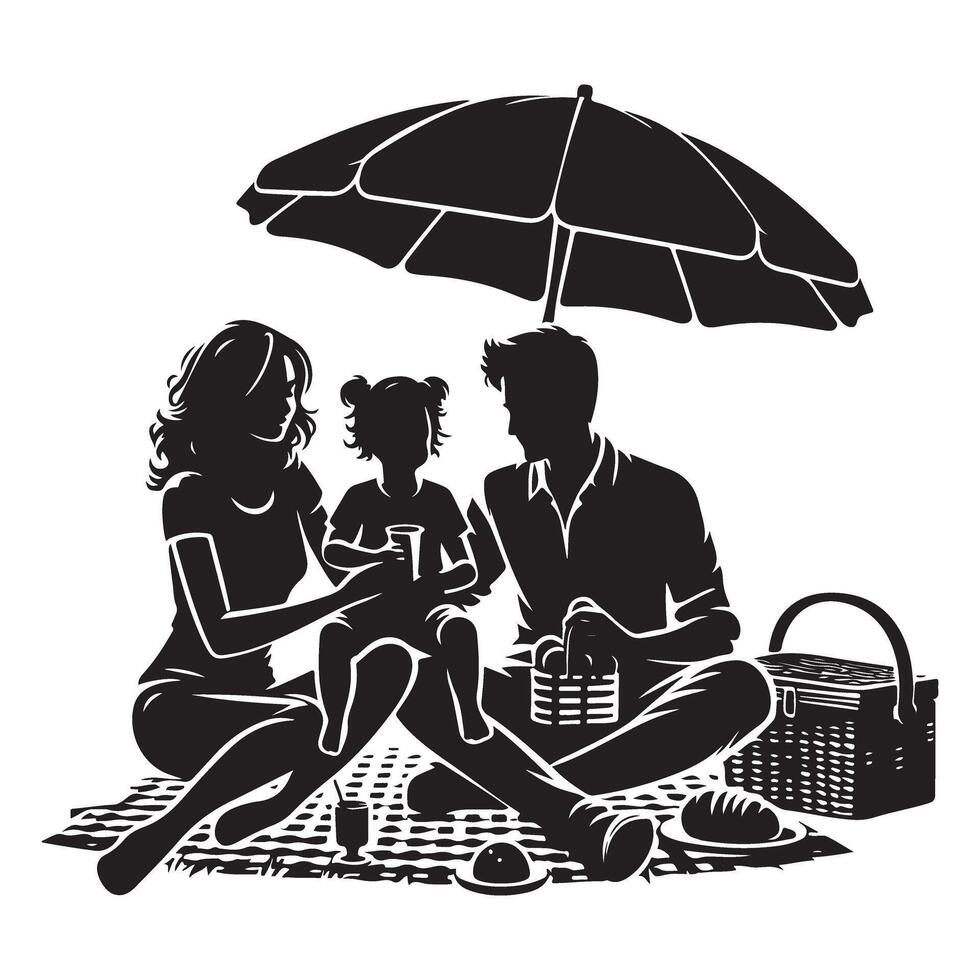 Family picnic silhouette enjoying outdoor recreation in summertime vector