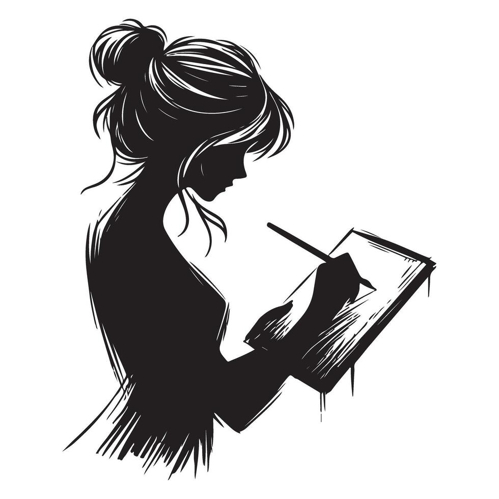 Silhouette illustration of a woman drawing on a tablet vector