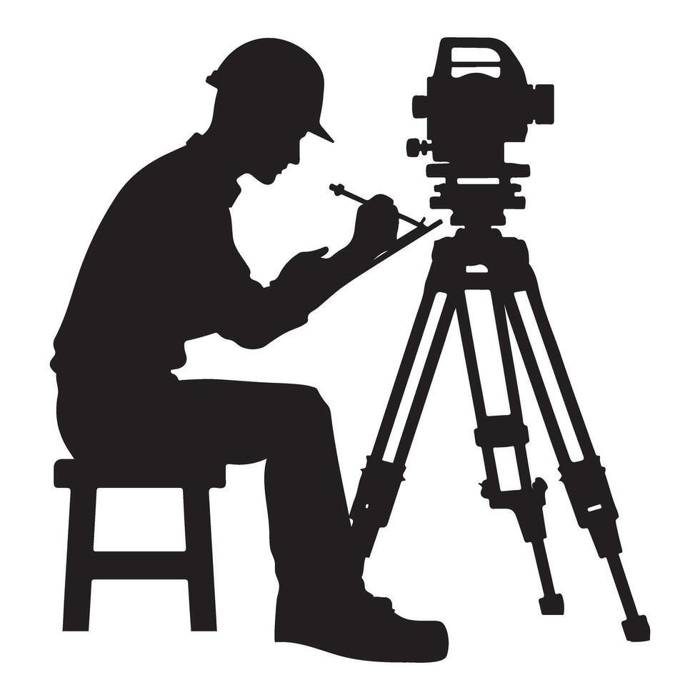 Surveyor Silhouette Man Working with Theodolite Tool Illustration vector