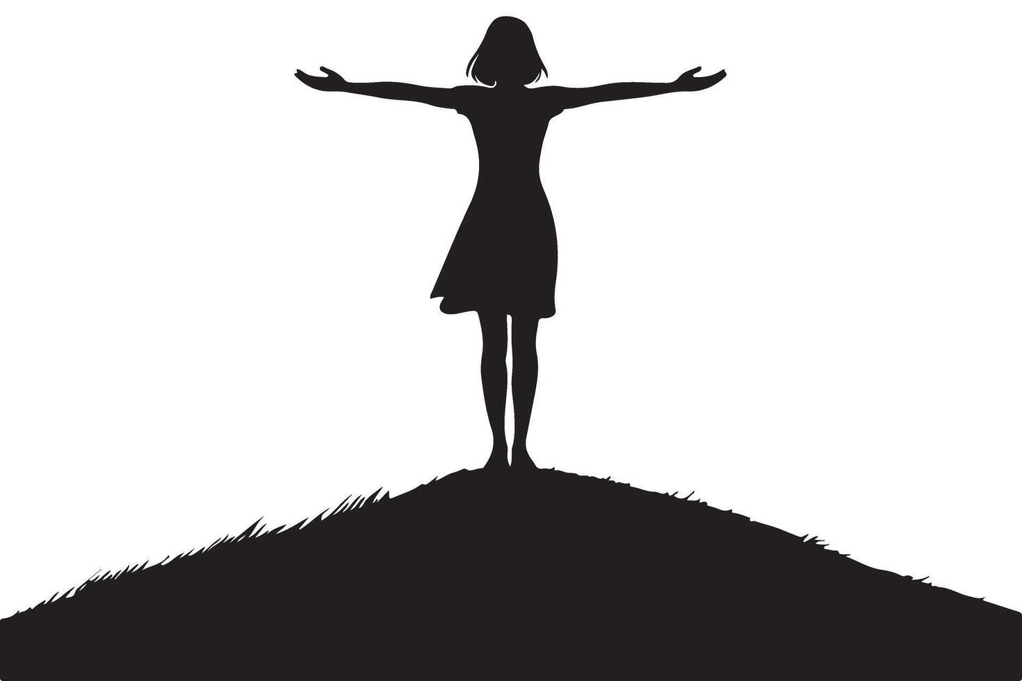 Silhouette of Woman with Open Arms Standing on Top of Hill vector