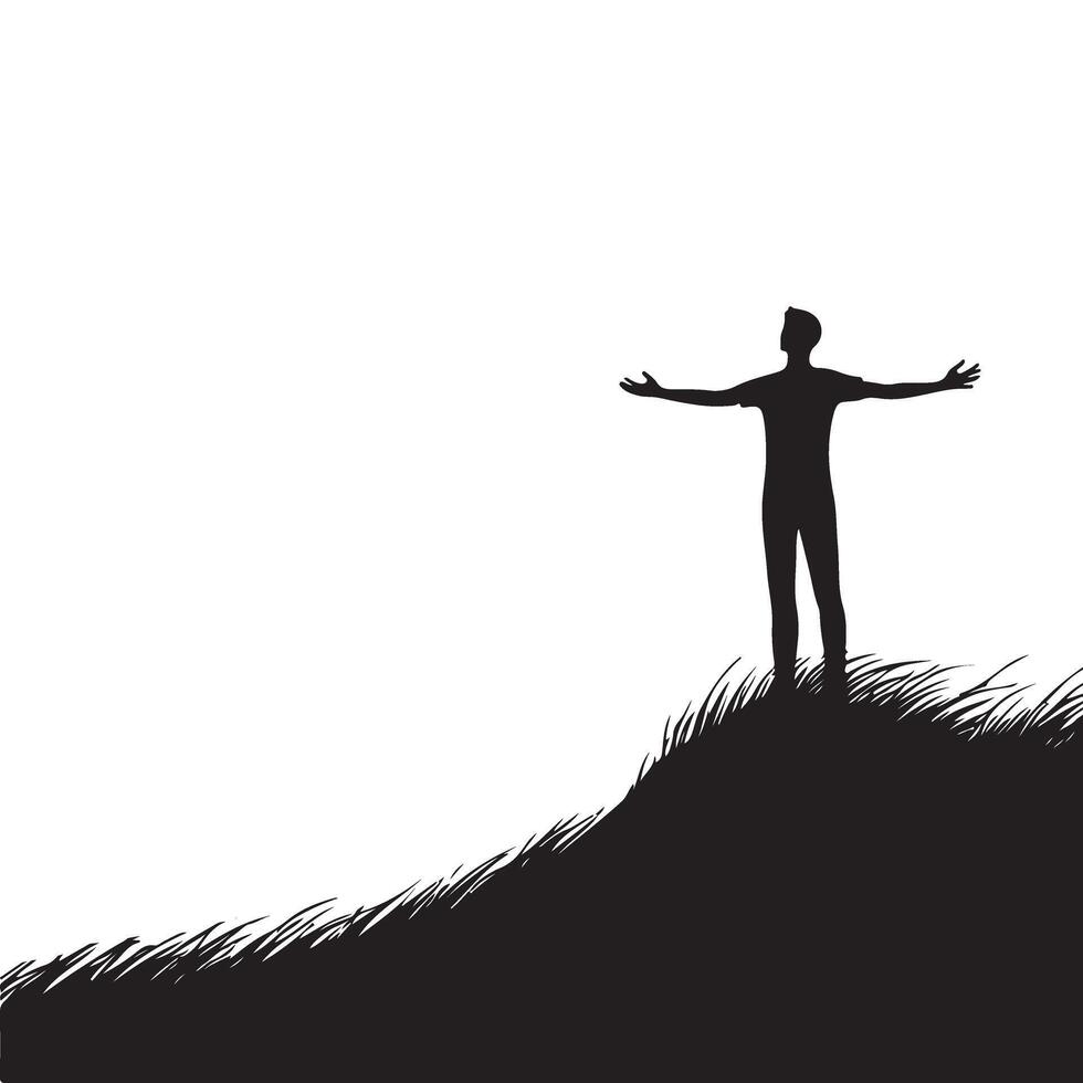Silhouette of a man on a hill enjoying open nature vector