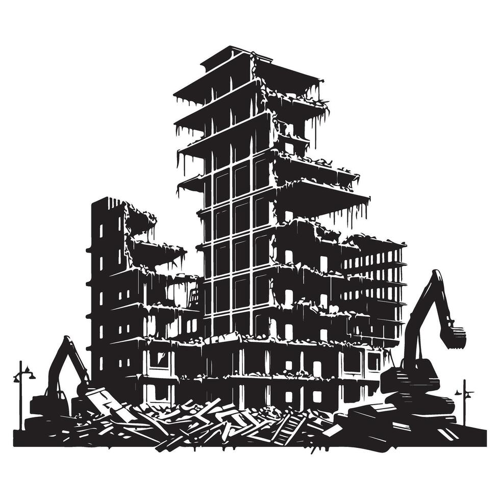 Building Under Demolition Silhouette with Heavy Machinery Illustration vector