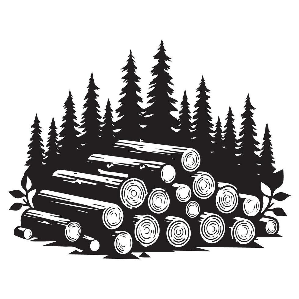 Pile of logs silhouette illustration in forest scenery vector