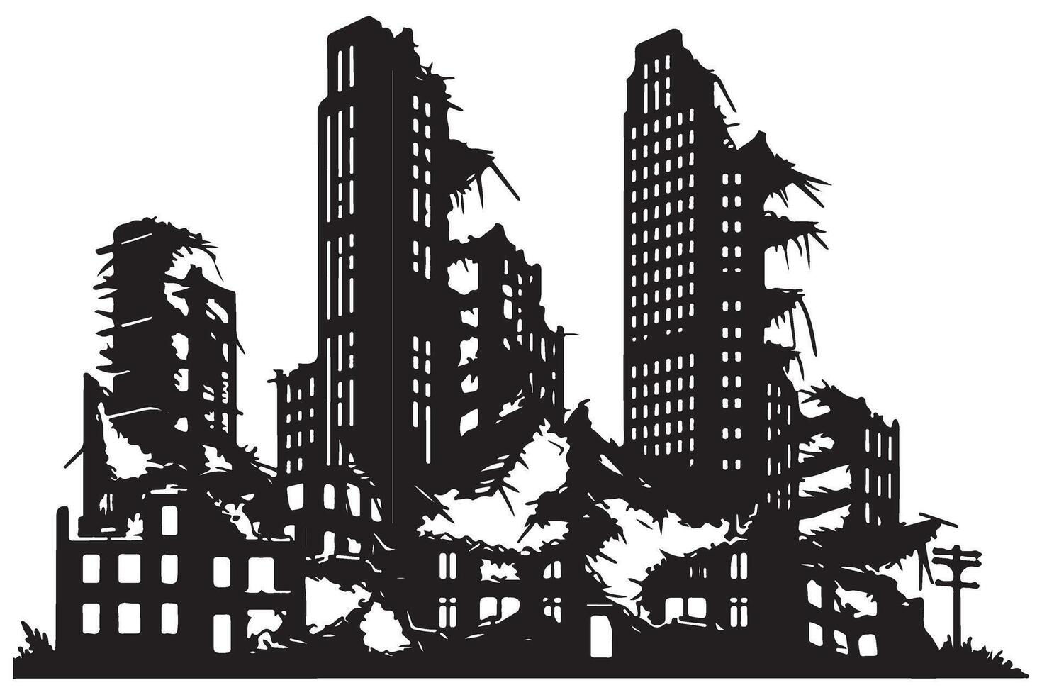 Silhouette of Ruined Cityscape Destruction and Devastation after War vector