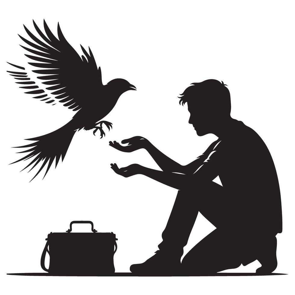 Silhouette of man freeing a bird hope of freedom vector