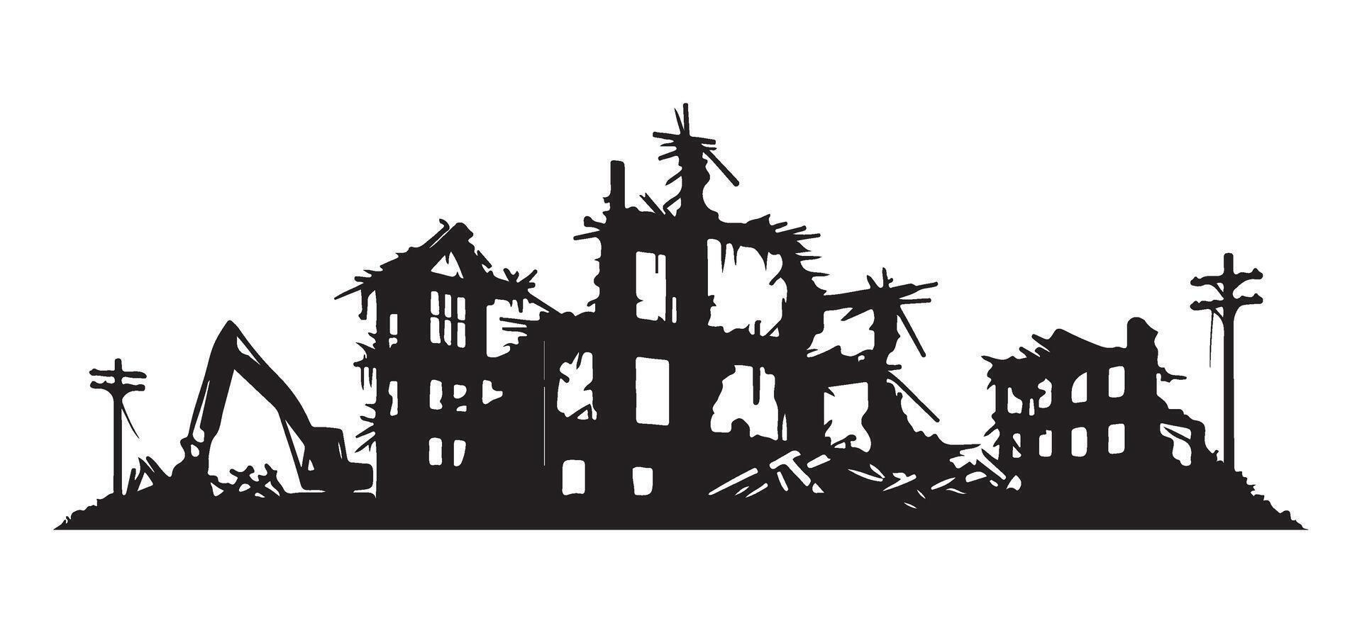 Ruined Building Silhouette Illustration After Disaster Destruction Design vector