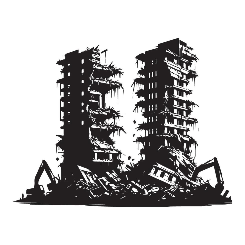 Demolished Building Silhouette Illustration with Excavators Ready for New Beginning vector