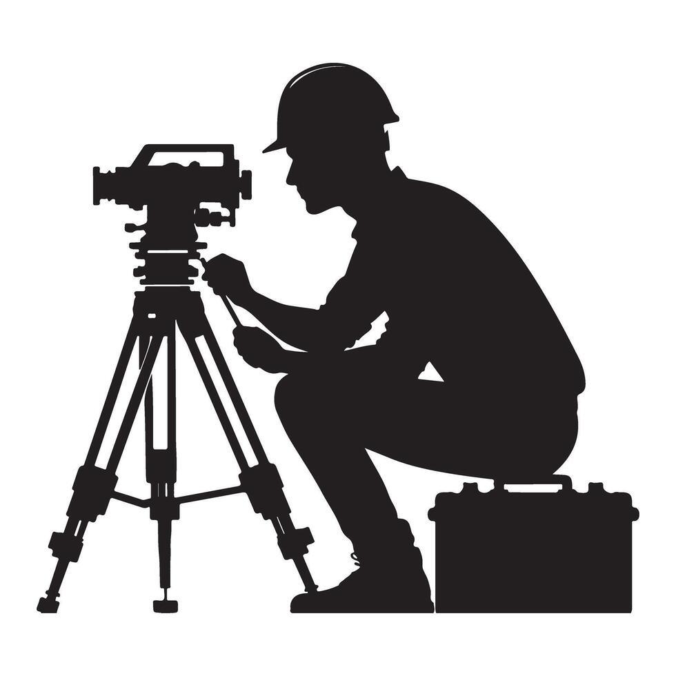 Silhouette Surveyor Working with Total Station on Construction Site Detailed vector
