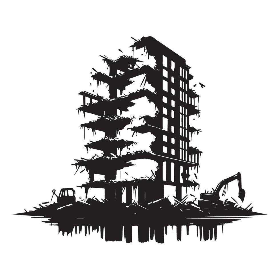 Silhouette of Demolished Building with Excavators Disaster and Ruins vector
