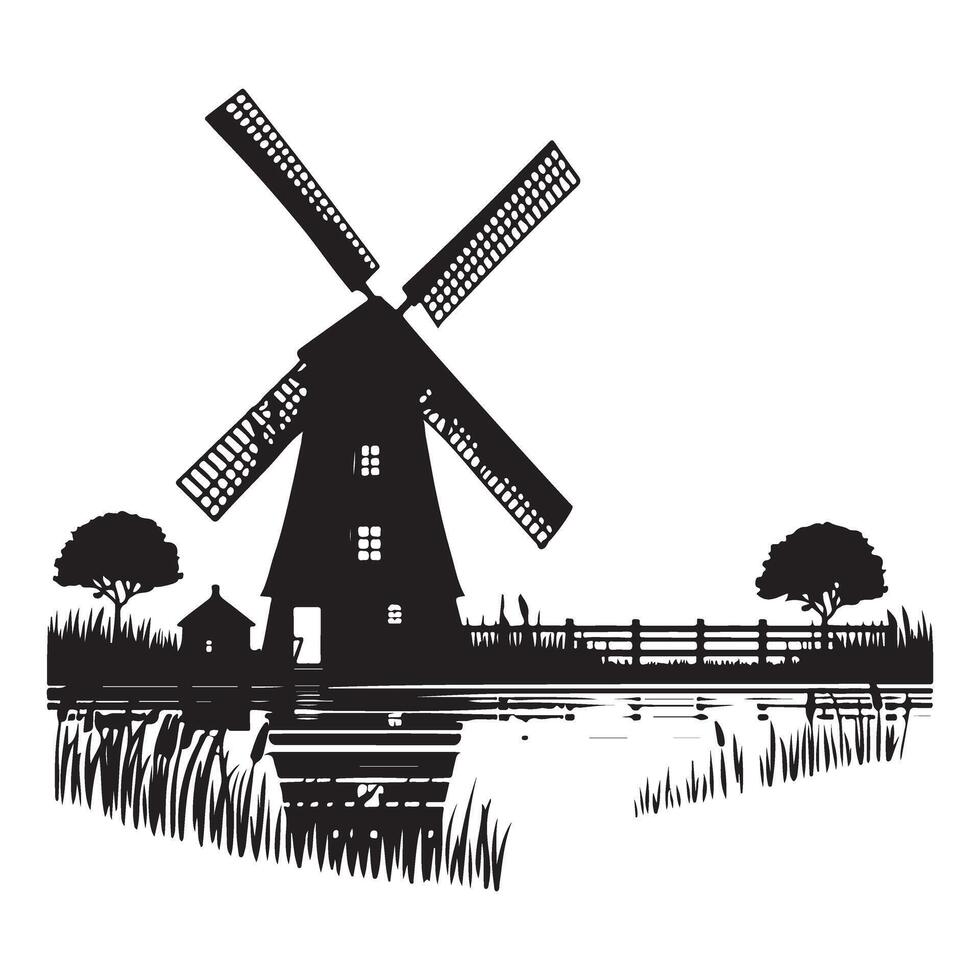 Windmill Silhouette Landscape Reflection Scene Illustration vector