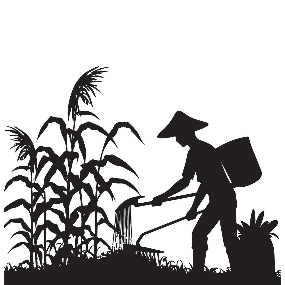 Farmer Planting Corn Silhouette Illustration Promoting Sustainable Agriculture Practices vector