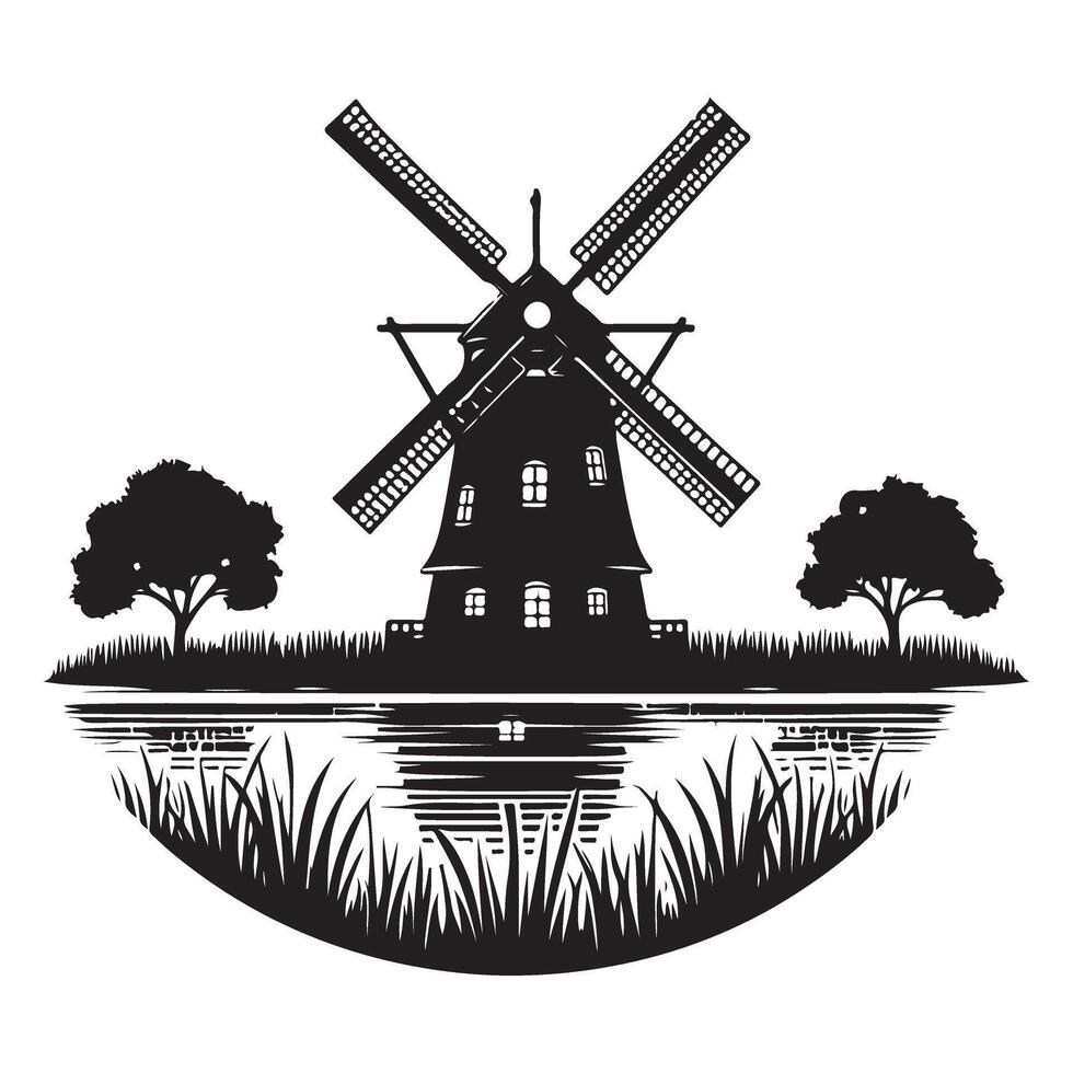 Silhouette Windmill Landscape Illustration Natural Environment Artistic Graphic vector
