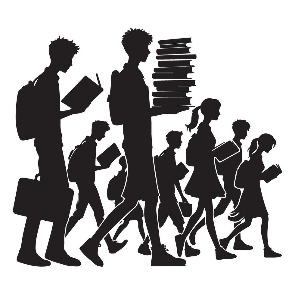 Silhouette Students Reading and Walking Academic Life Illustration vector