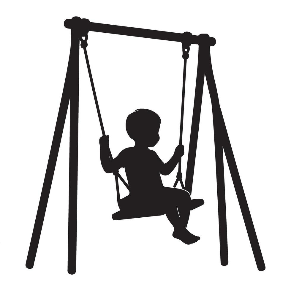Children Having Fun with Silhouette of Kid on a Swing vector