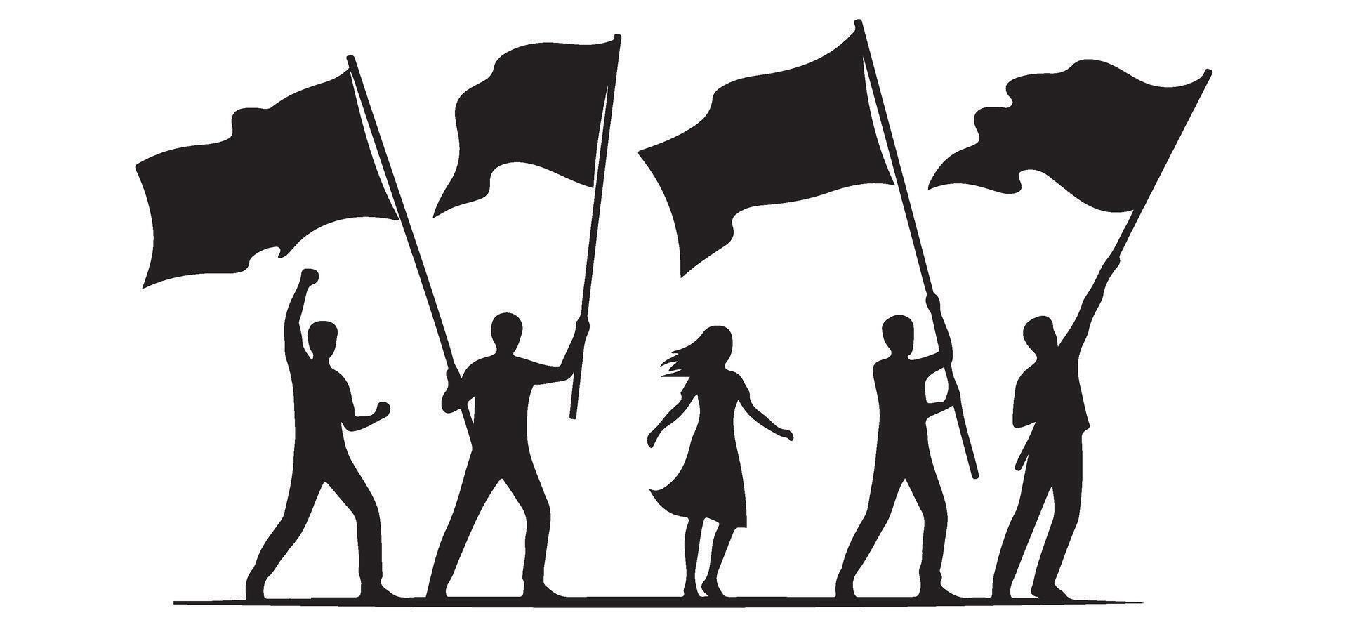 Crowd Protesting Silhouette People Holding Flags Demonstration Activism Graphic vector