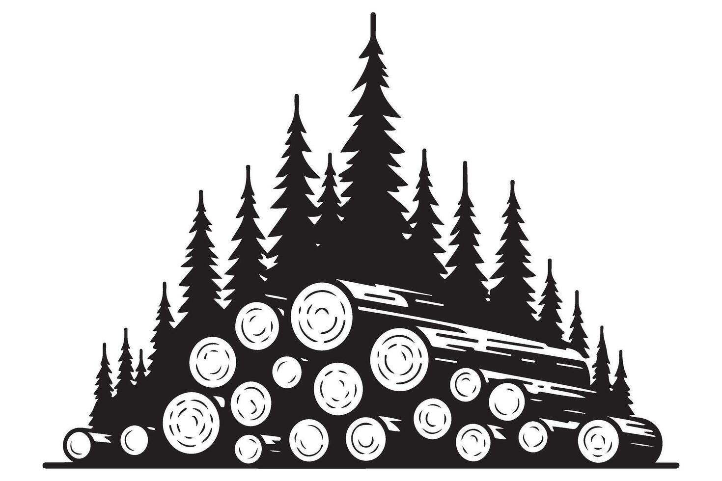 Silhouette of stacked logs and trees representing lumber industry vector