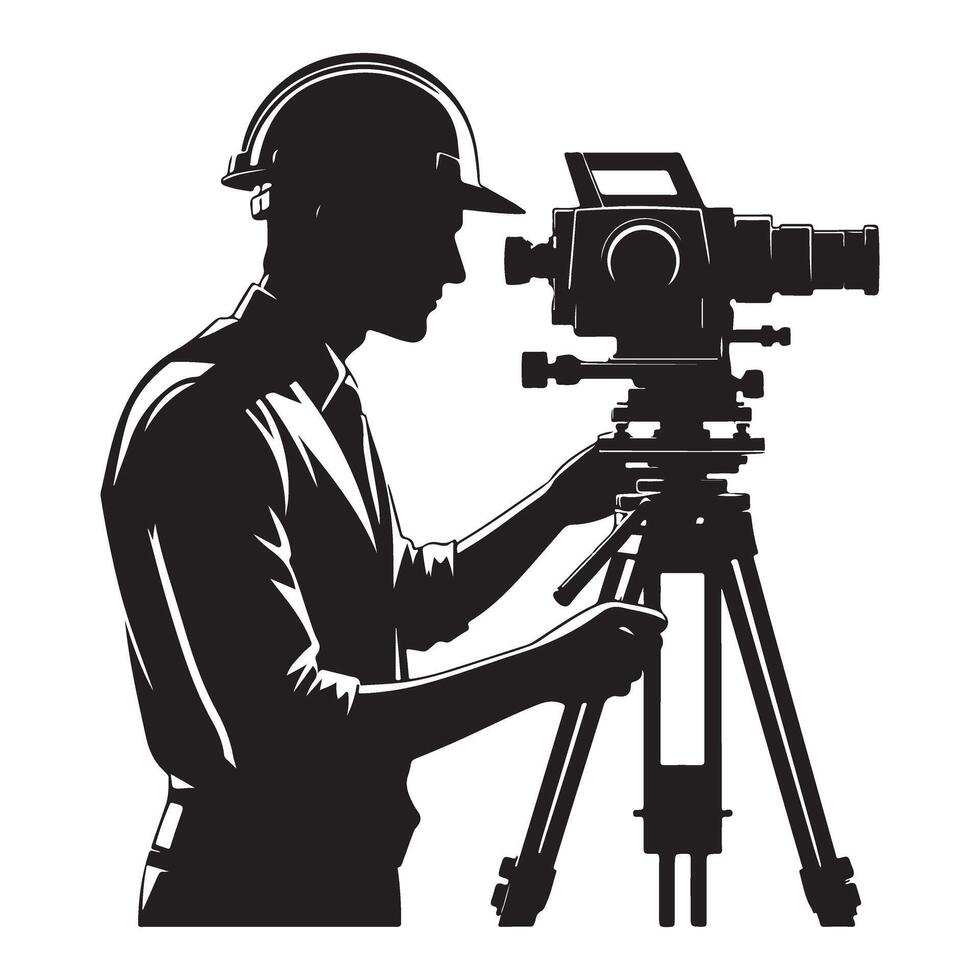 Professional Surveyor Silhouette Using Theodolite for Land Surveying vector