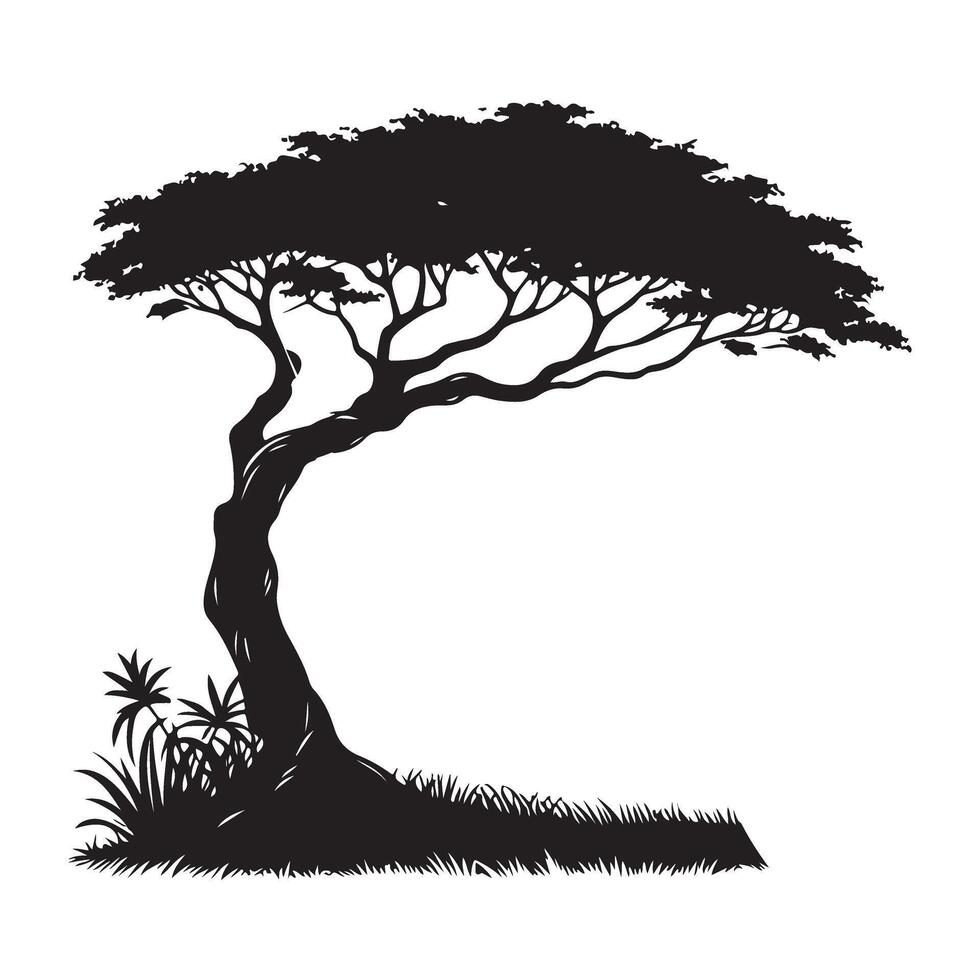 African Tree Silhouette Illustration with Grassland for Nature Designs vector