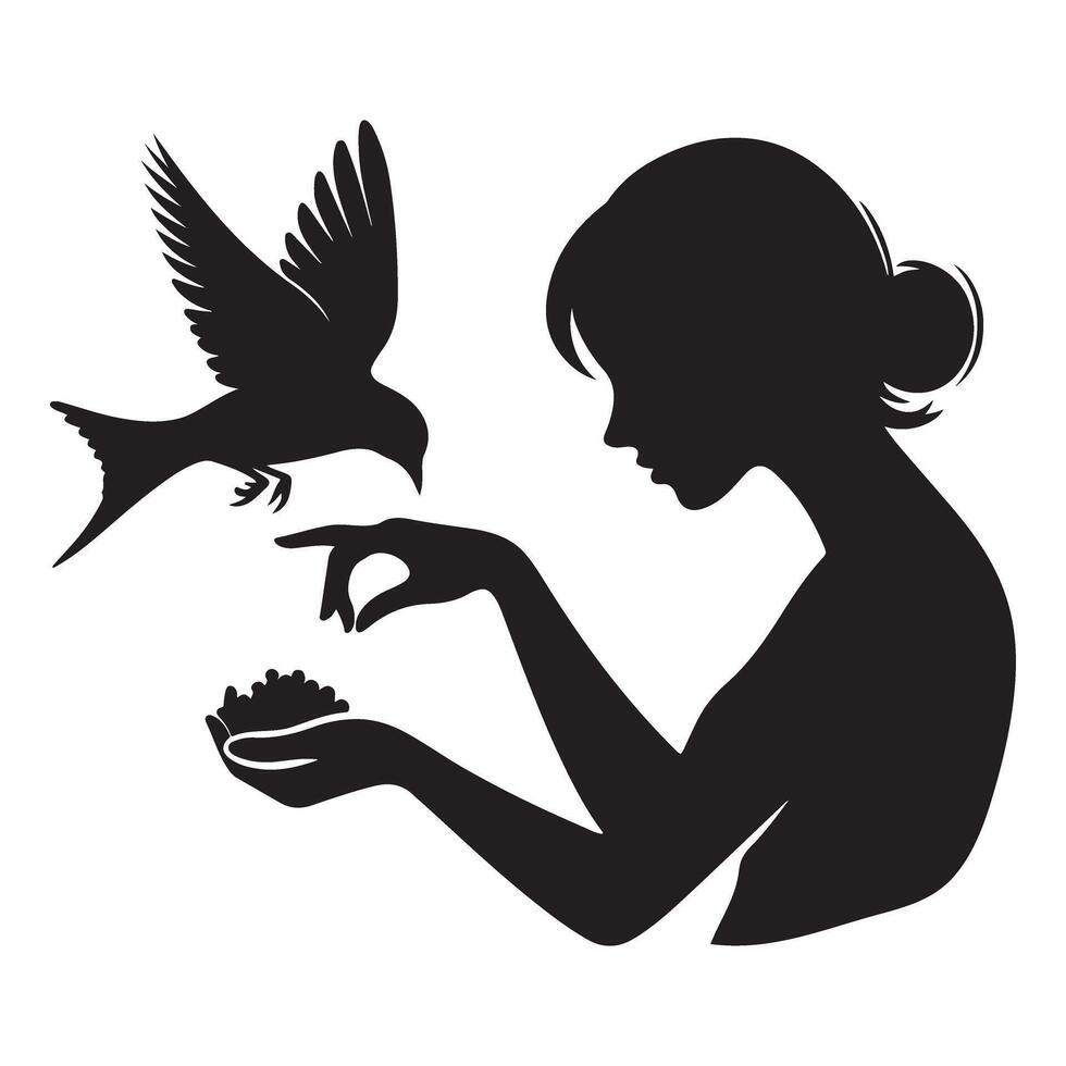 Silhouette of Woman Feeding Bird Capturing Serenity and Kindness vector