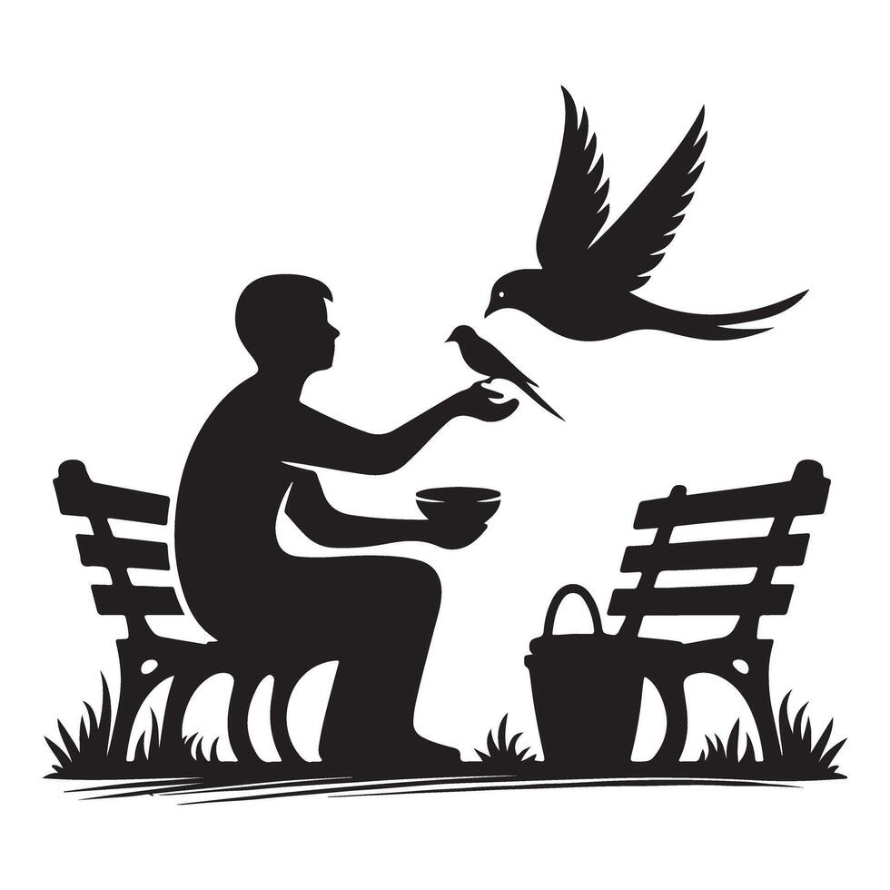 Silhouette Man Feeding Birds Illustration Compassion Nature Connection Peace vector