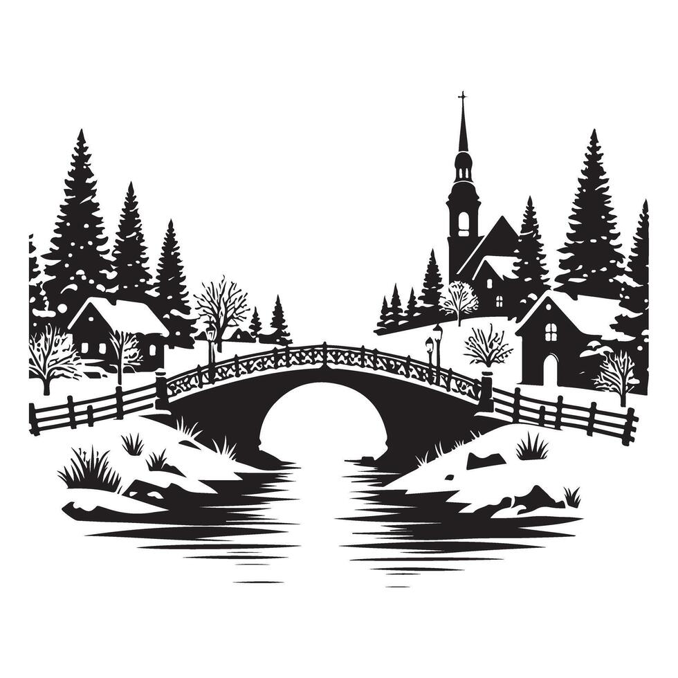 Winter Landscape Silhouette Illustration with Bridge and Church vector