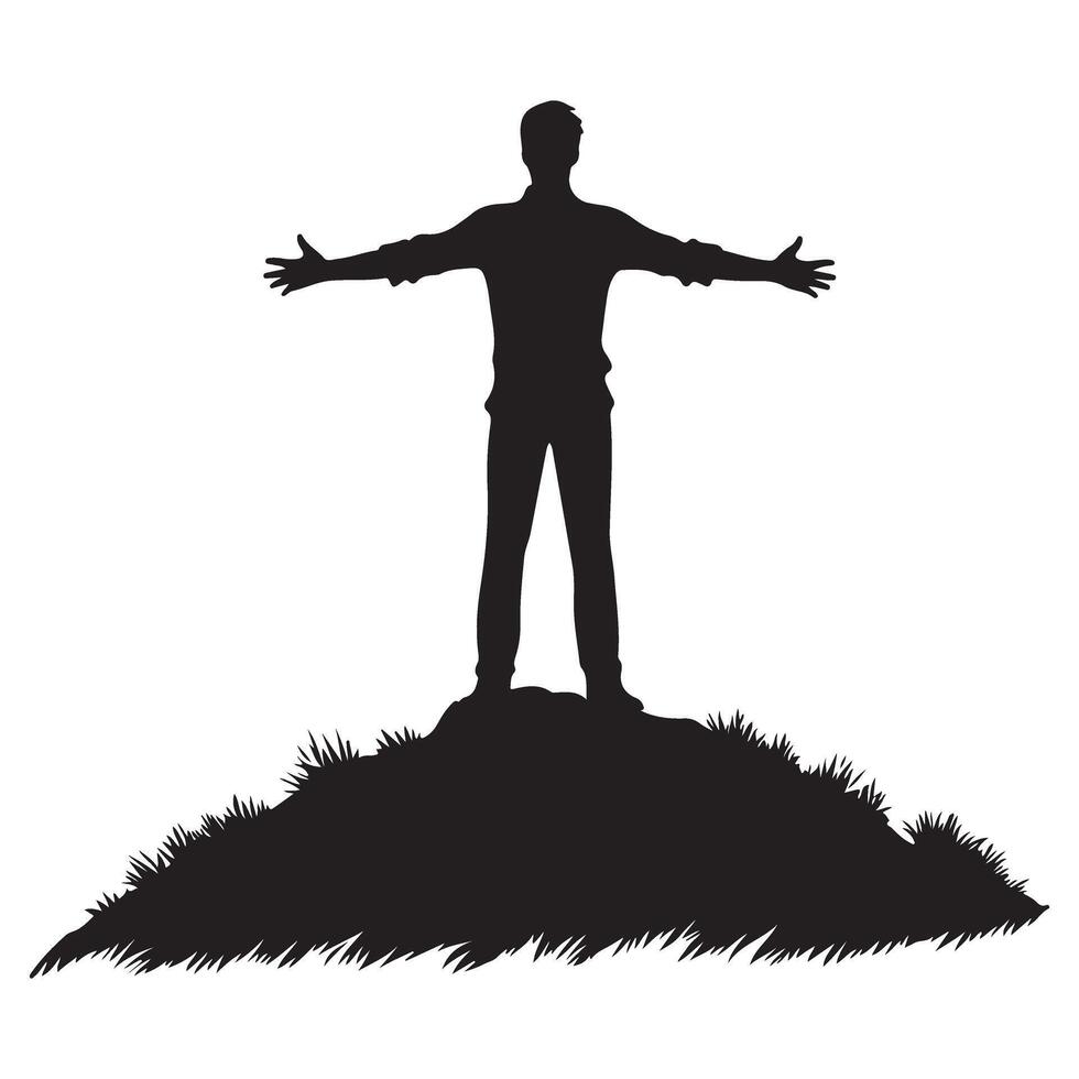 Silhouette of Man on Hilltop Enjoying Nature and Freedom vector