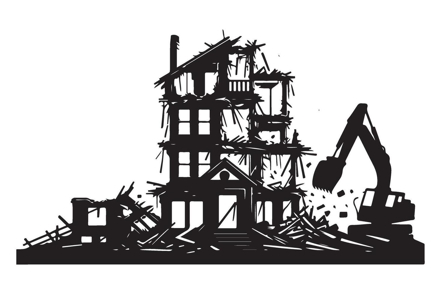 House demolition silhouette illustration showcasing urban redevelopment construction vector