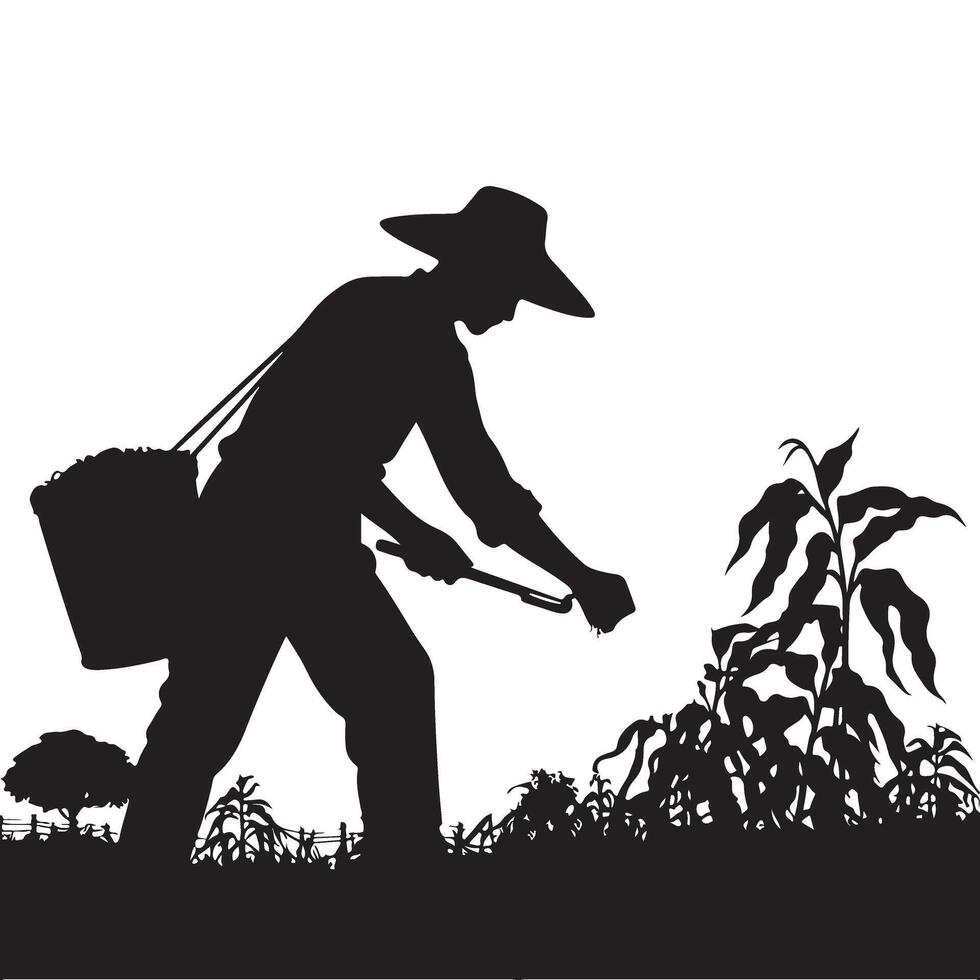 Silhouette Farmer Weeding Crop in Agriculture Field Graphic vector