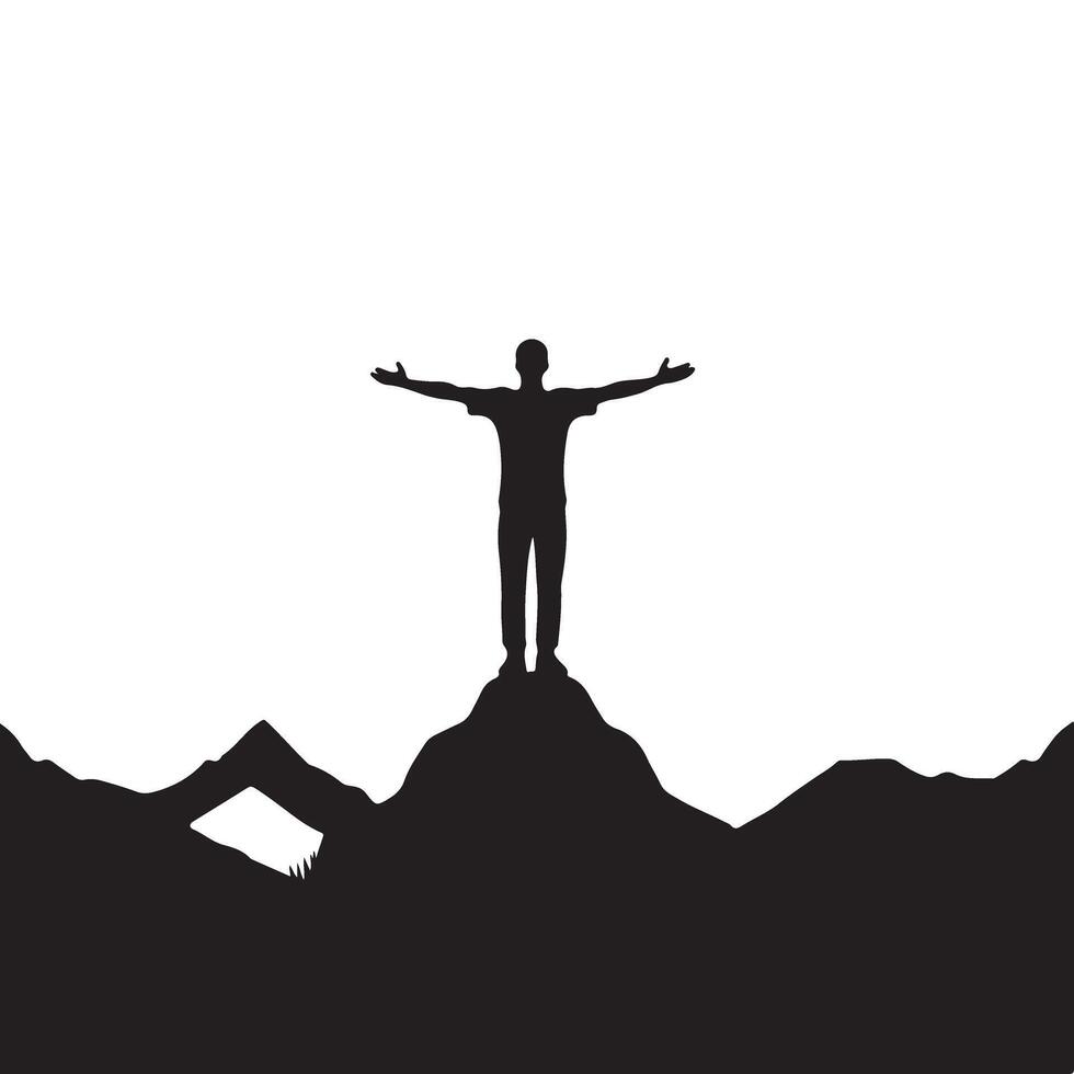 Silhouette of a person standing on top of a mountain peak vector
