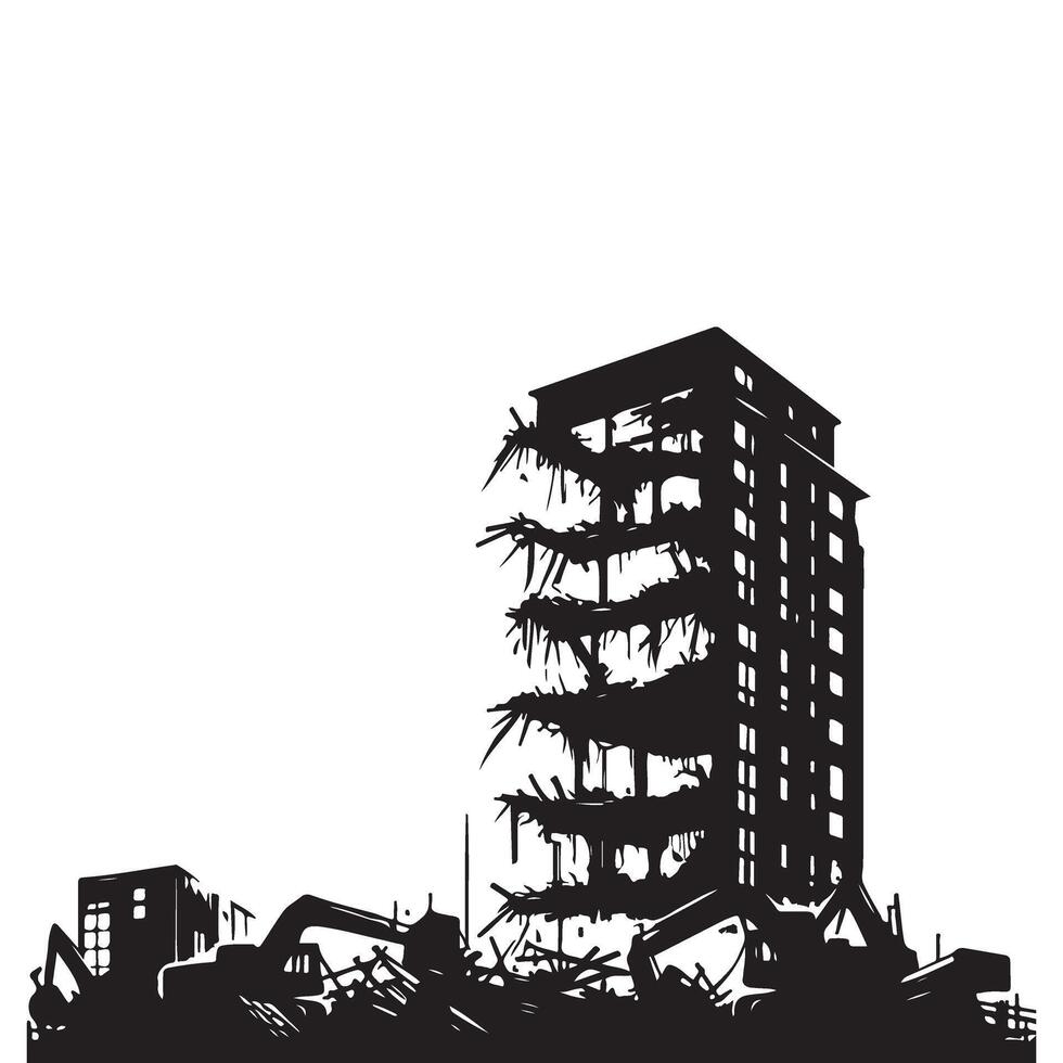 Demolished building silhouette with heavy equipment construction breakdown vector