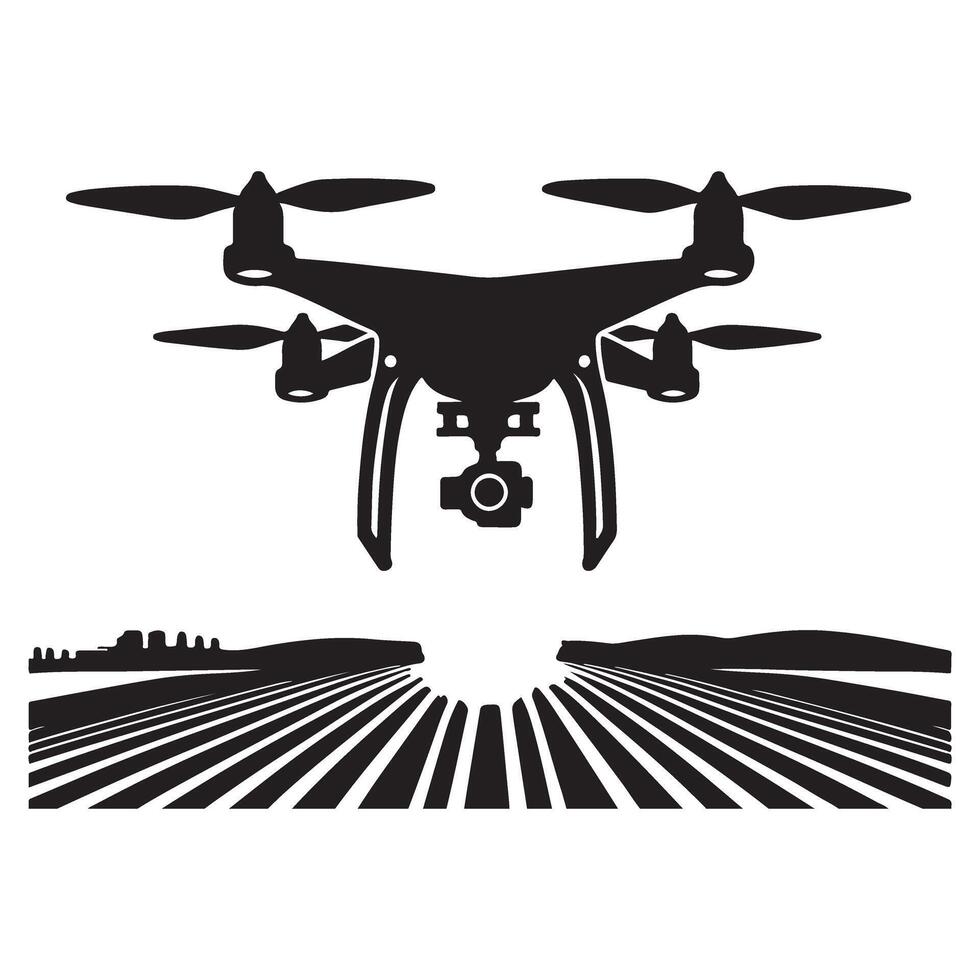 Agricultural Drone Silhouette Monitoring Farm Fields Efficient Crop Management vector
