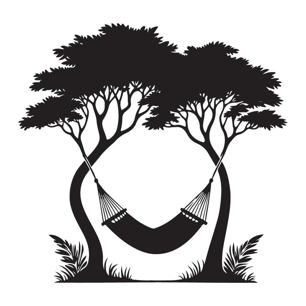 Hammock Between Trees Relaxation Silhouette Art Illustration vector