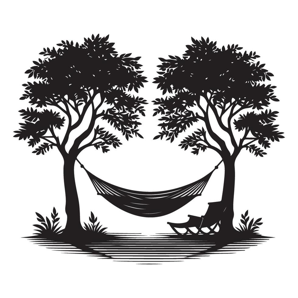 Silhouette of hammock and chairs in nature relaxing vacation vector