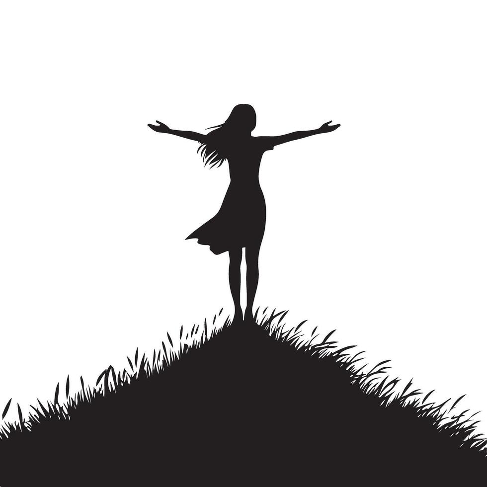 Empowered woman stands triumphantly on a hill silhouette illustration vector