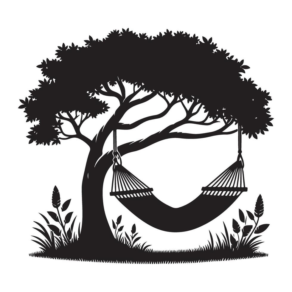 Hammock Silhouette Under Tree Relaxation Spot Design vector