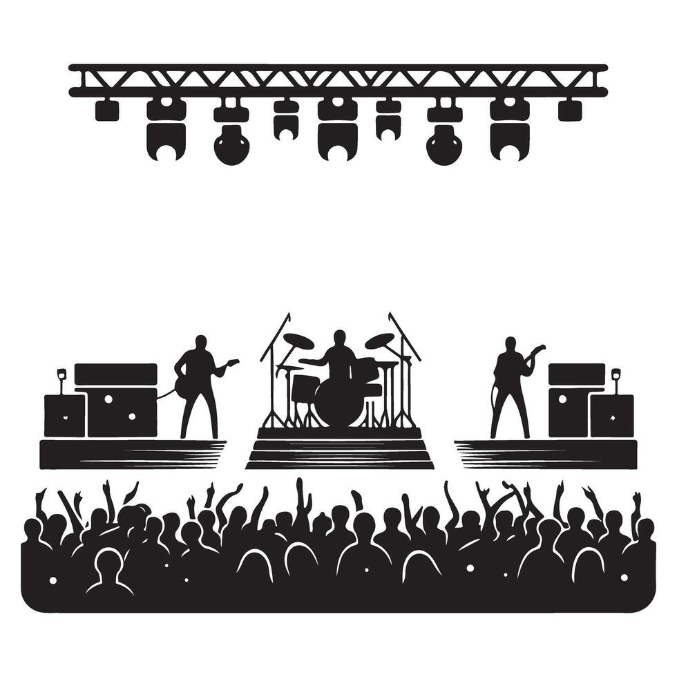 Rock Concert Silhouette with Stage Lights and Cheering Crowd vector