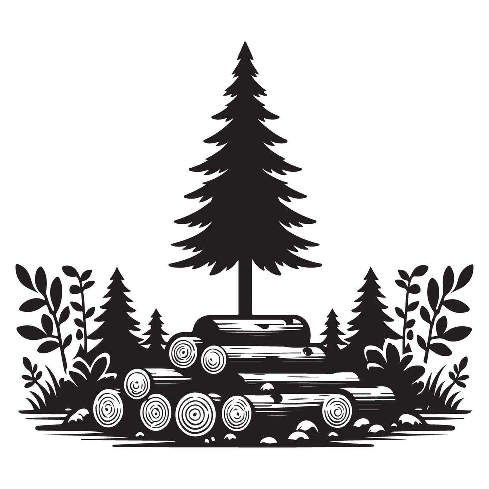 Silhouette Timber Wood Pile Illustration in Forest Setting vector