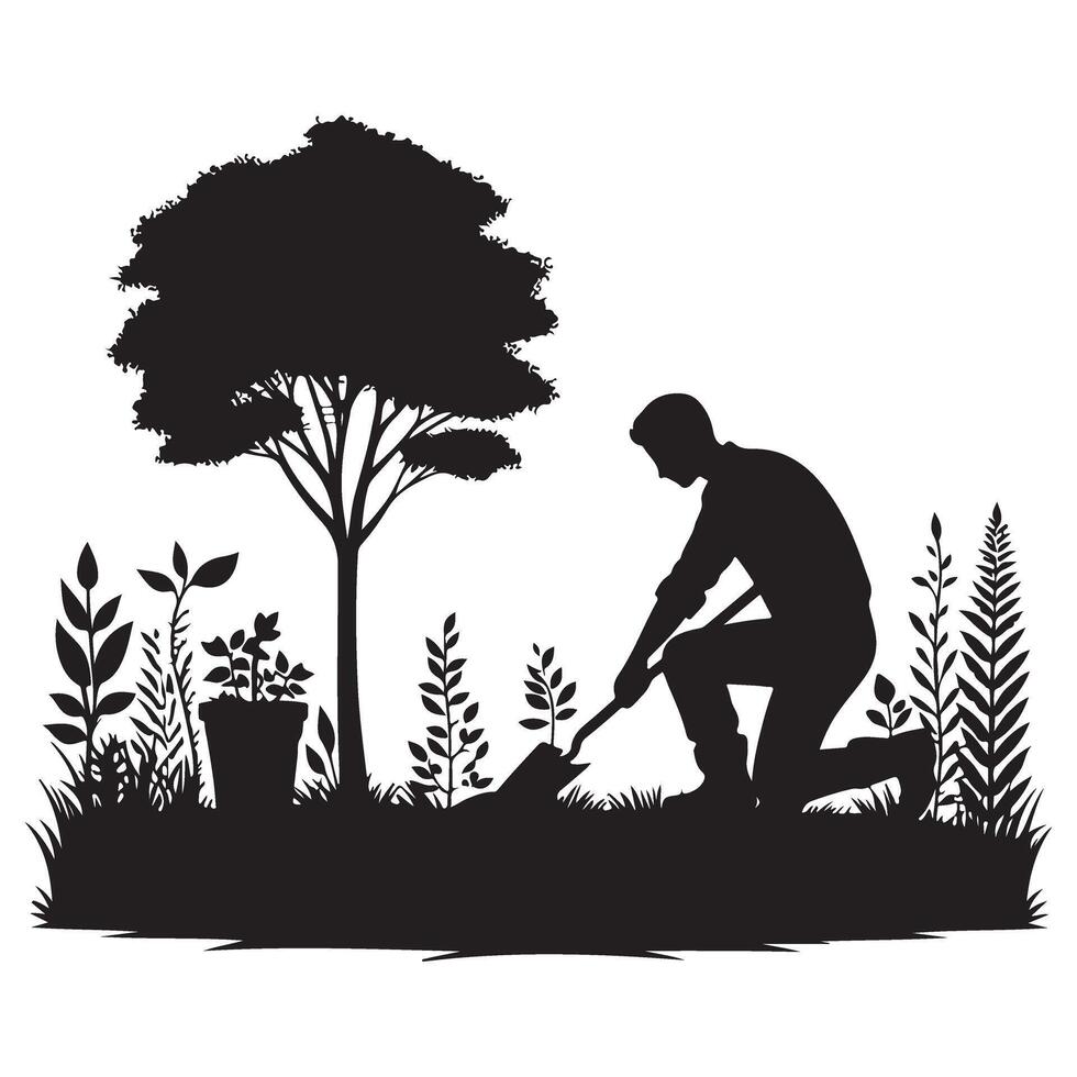 Man Planting Tree Silhouette in Garden Illustration Environmental Concept vector