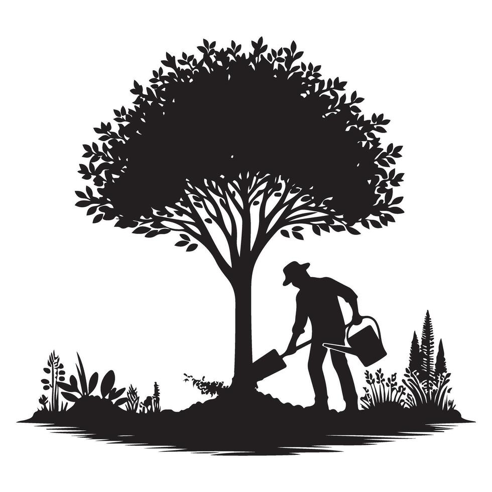 Planting Tree Silhouette Illustration Nurturing Growth and Environmental Responsibility vector