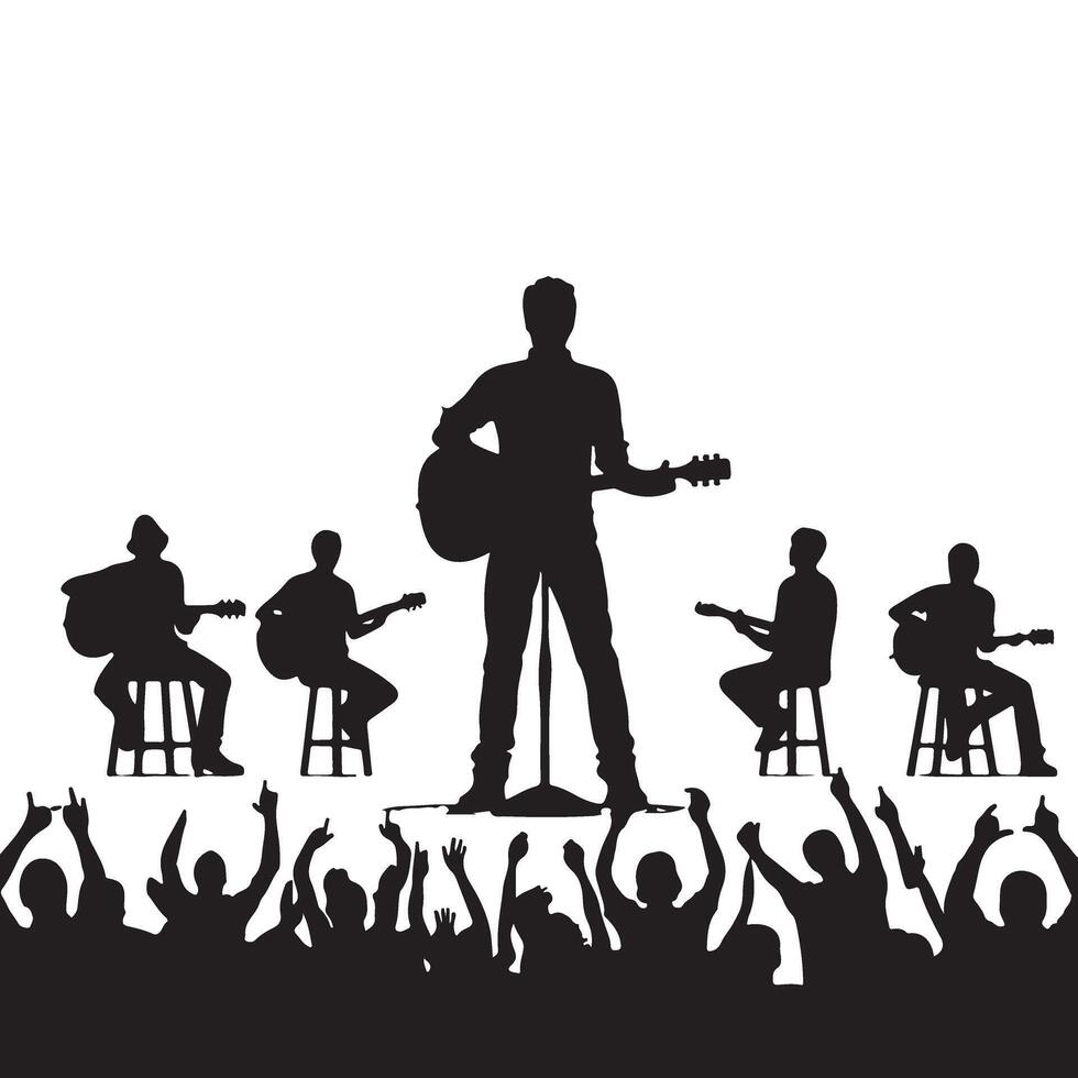 Musical Concert Silhouette Scene with Guitarists and Crowd vector