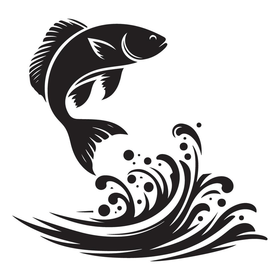 Jumping fish illustration with splash silhouette design vector