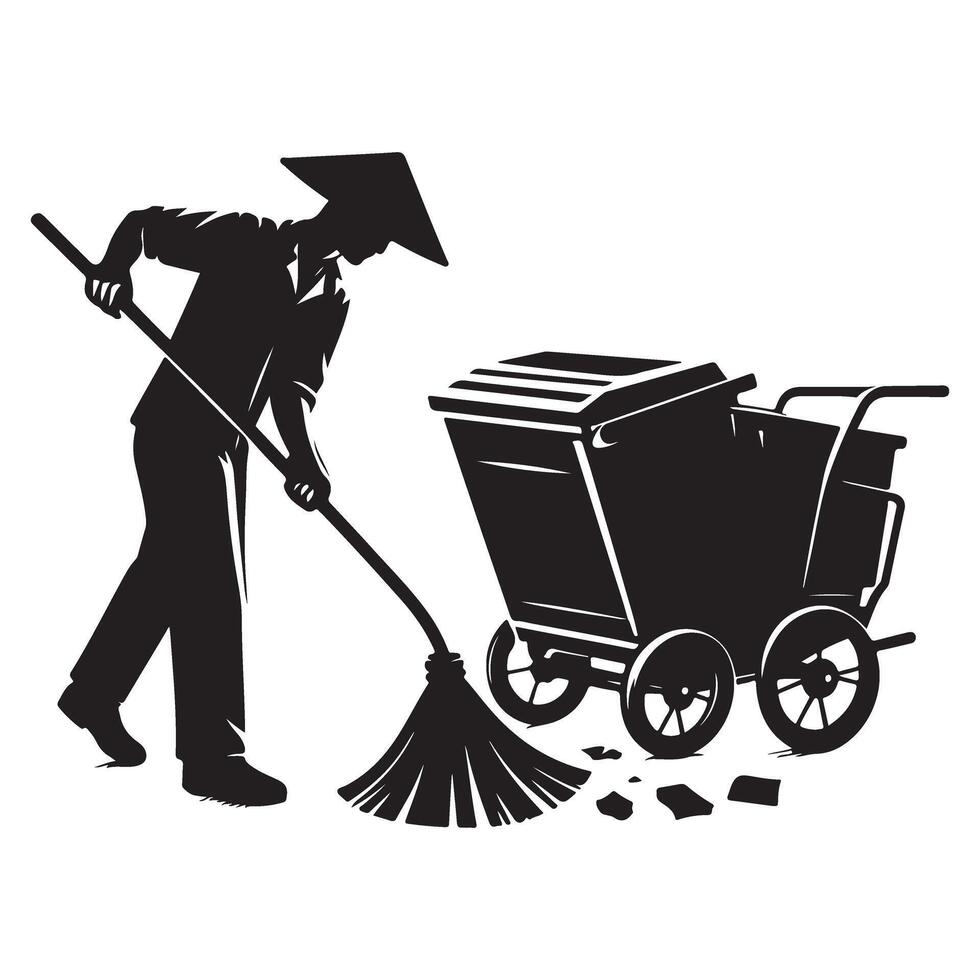 Silhouette of Street Sweeper with Cart Illustration vector