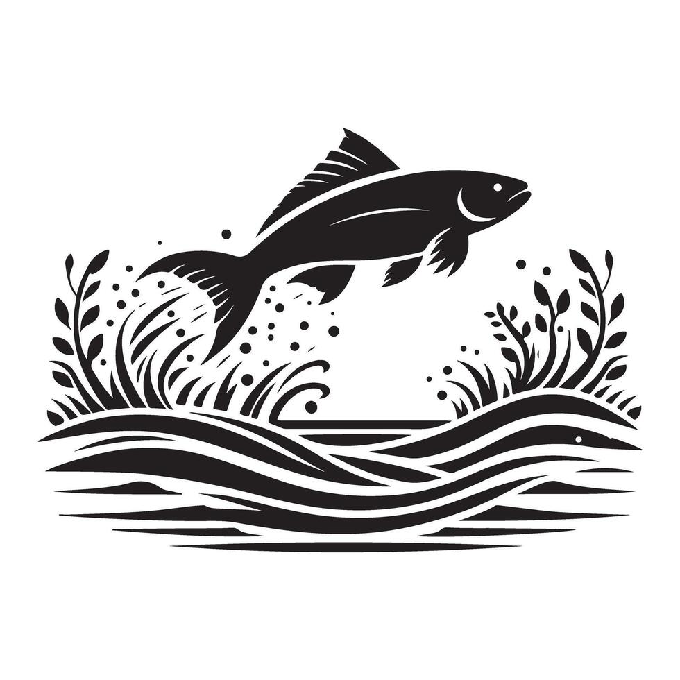 Jumping Fish Silhouette Illustration in Aquatic Landscape vector