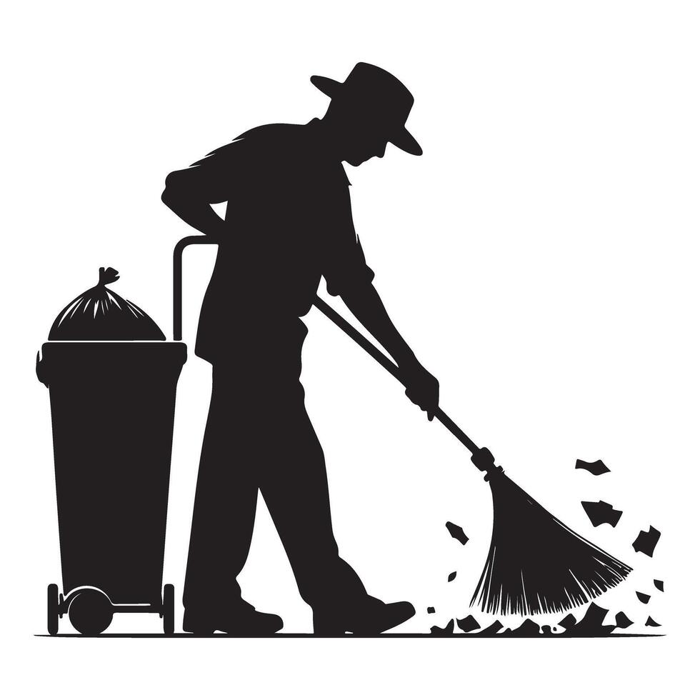 Silhouette Street Cleaner Sweeping Trash Illustration Public Service vector
