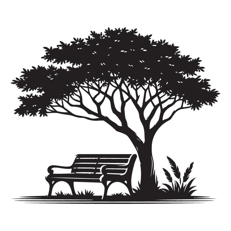 Serene Park Bench Under Shady Tree Silhouette Relaxing Outdoor vector