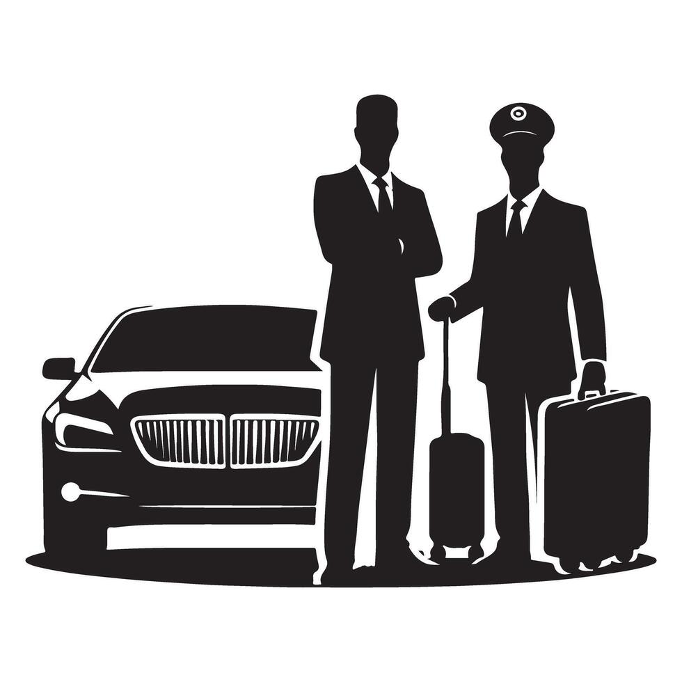 Elegant Chauffeur Service Illustration with Car and Professionals in Silhouette vector