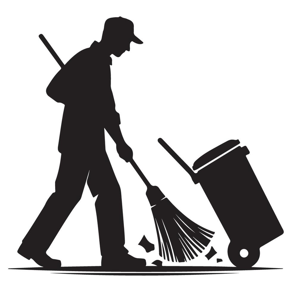 Silhouette of street cleaner sweeping the road with trash can vector