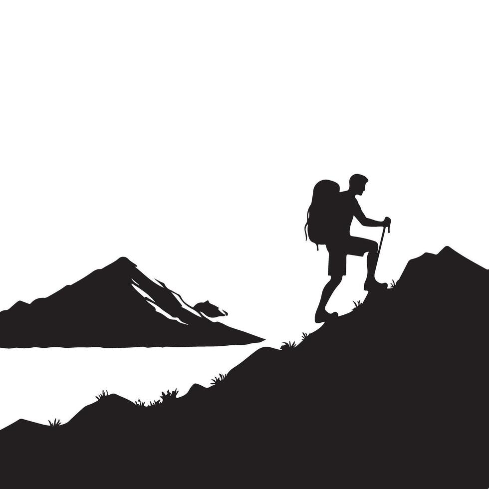 Silhouette Hiker Trekking Up Mountain with Backpack Outdoor Adventure Design vector
