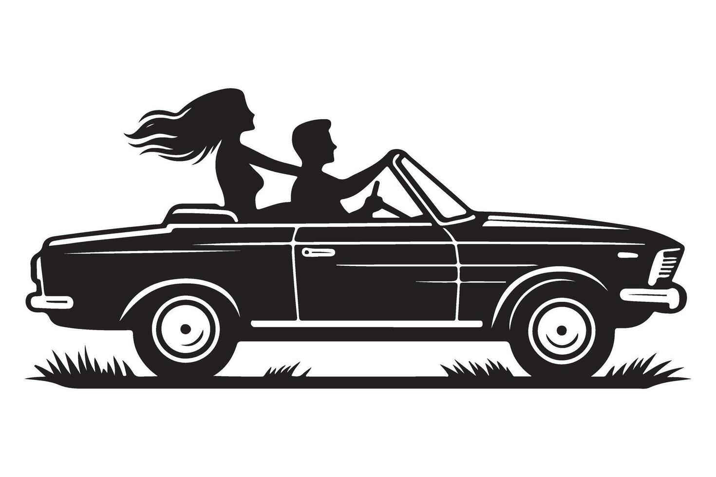 Romantic Convertible Car Ride Silhouette with Windswept Hair Illustration vector